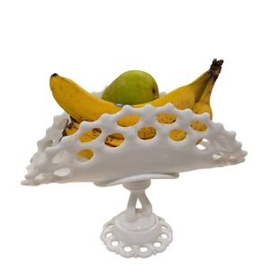 Vintage Westmoreland Milk Glass Pedestal Fruit Banana Plate Doric Lace Bowl Vase
